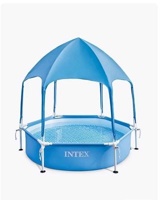 Бассейн INTEX 183х38см, 700 л, от 3 лет каркасный с навесом и разбрызгивателем 28209