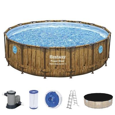 Бассейн каркасный BESTWAY Power Steel 488х122см, Ротанг 19480л, ф.-нас.5678л/ч, лестн., настил,тент